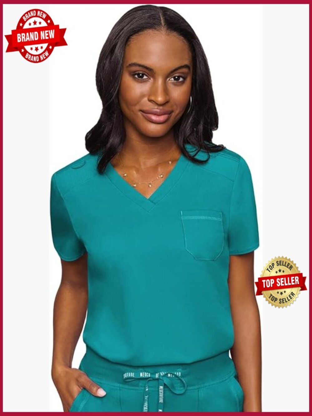 V-Neck Scrub Top with Stretchy Rib-Knit Shoulders and Chest Pocket